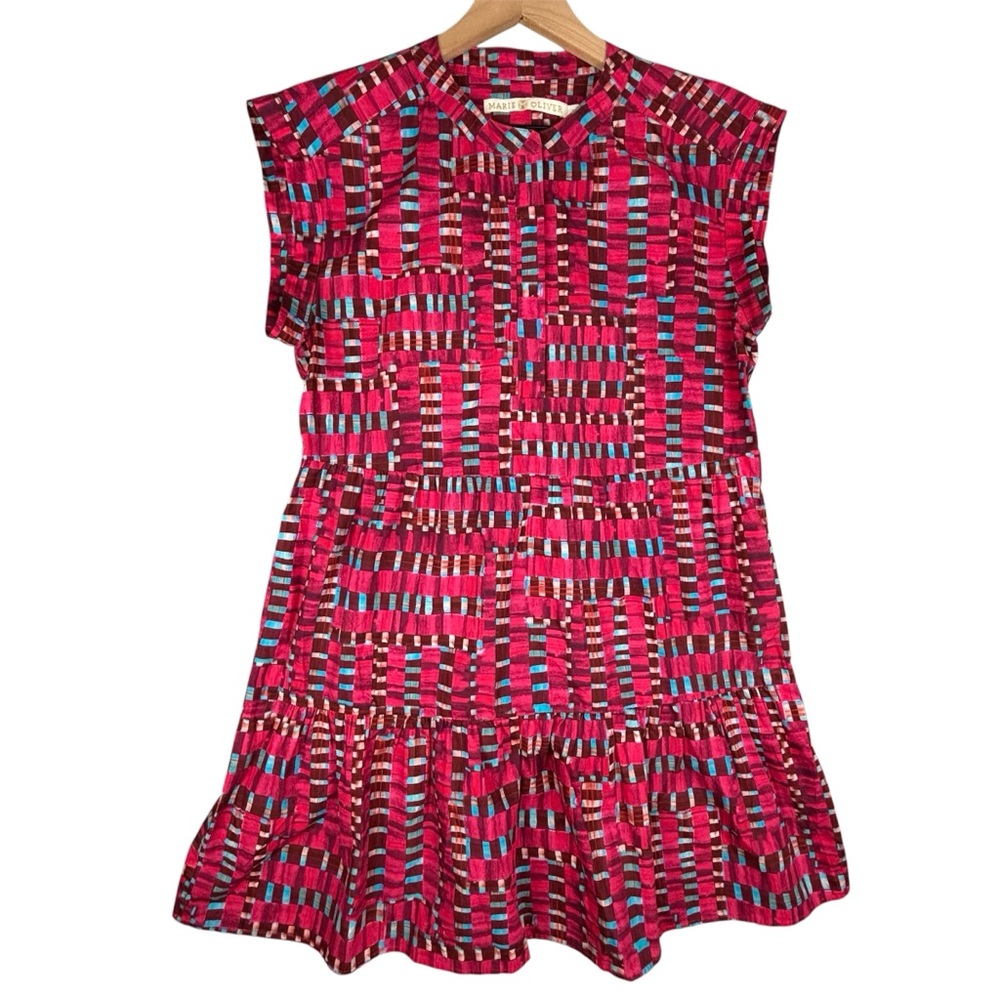 Marie Oliver Lachlan Dress Womens 6 Pink Blue Mini Tiered Ruffle Berry Check